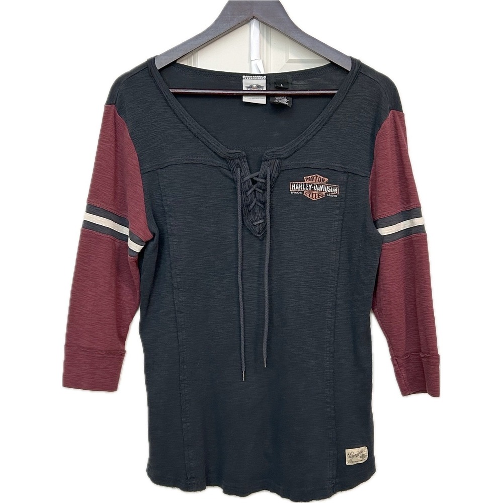 Harley Davidson Wms Lace Up Top L Black Burgundy 3/4 Sleeve Biker Moto Graphic